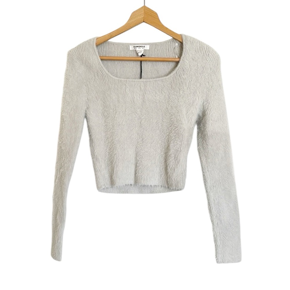 Glamorous Cropped Square Neck Ribbed Fuzzy Sweater Top size 12 US